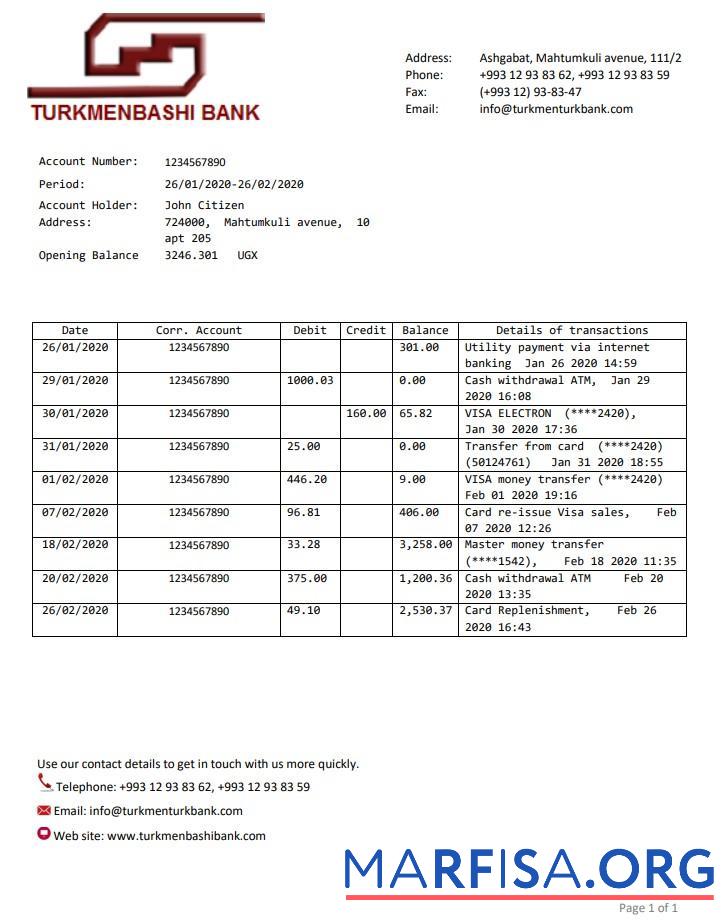 Blank Turkmenistan Turkmenbashi bank statement word sample
